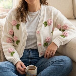 Aqua Blu Cream Cardigan with Pink Rose Appliqués